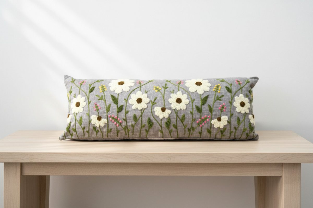 Botanical Embroidered Lumbar Cushion Cover – Grey 1