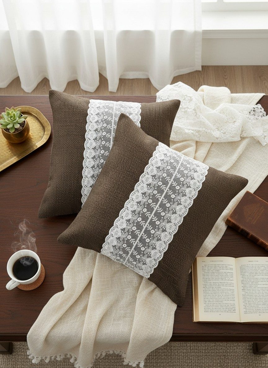 Rustic Dark Brown Woven Cushion Cover with White Floral Lace Panel 16x16 Inch 1