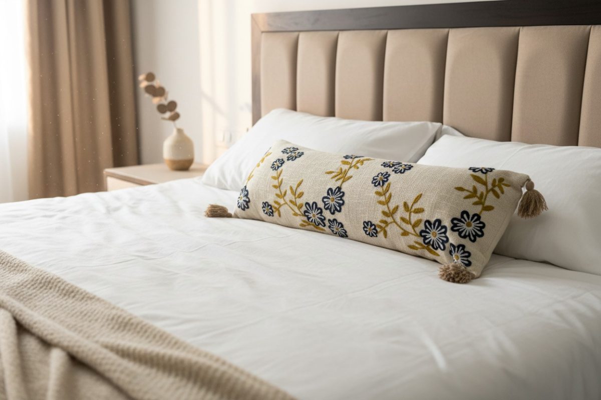 Embroidered Daisy Lumbar Cushion Cover with Tassels – Natural 3