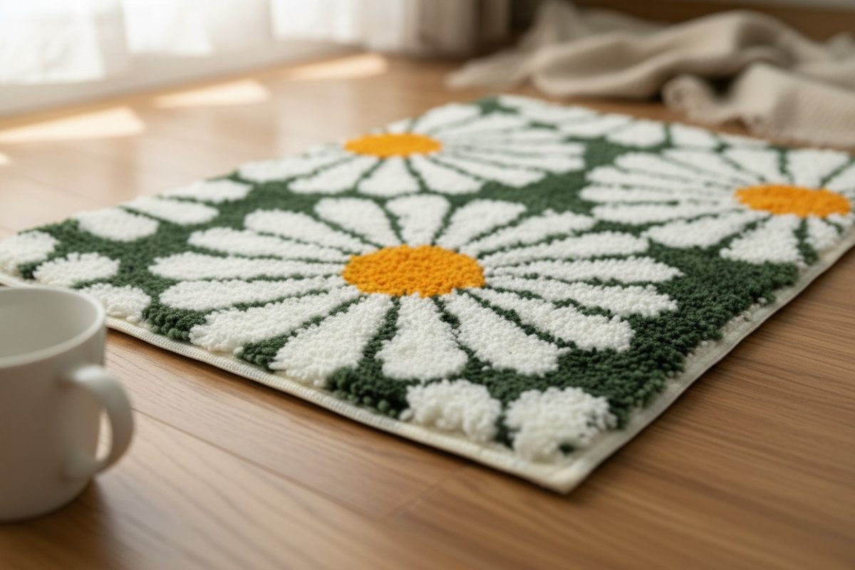 Daisy Bloom Tufted Bath/Door Mat — Forest Green 1
