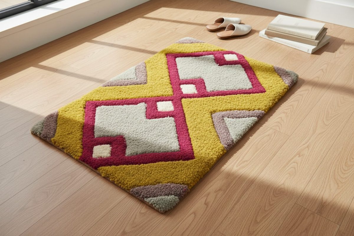 Tufted Geometric Diamond Bath Mat - Mustard & Pink 2