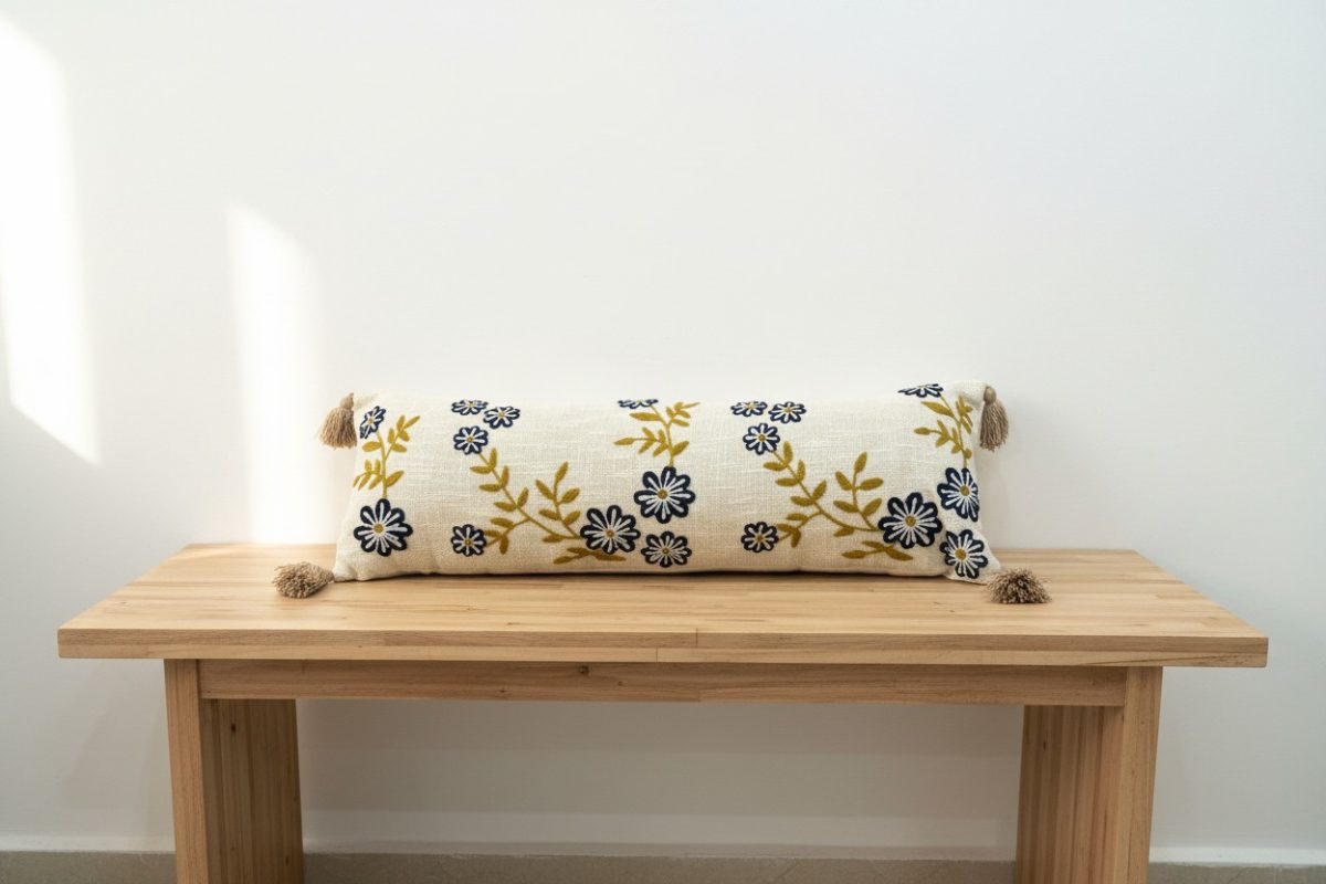 Embroidered Daisy Lumbar Cushion Cover with Tassels – Natural 1