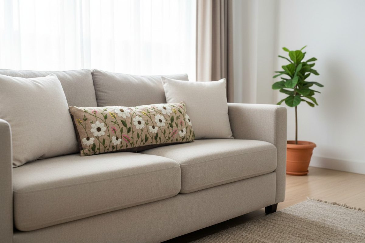 Botanical Embroidered Lumbar Cushion Cover – Beige 2