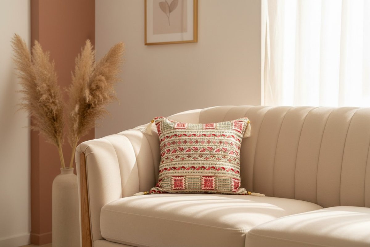 Embroidered Bohemian Square Cushion Cover with Tassels – Cream & Red 2