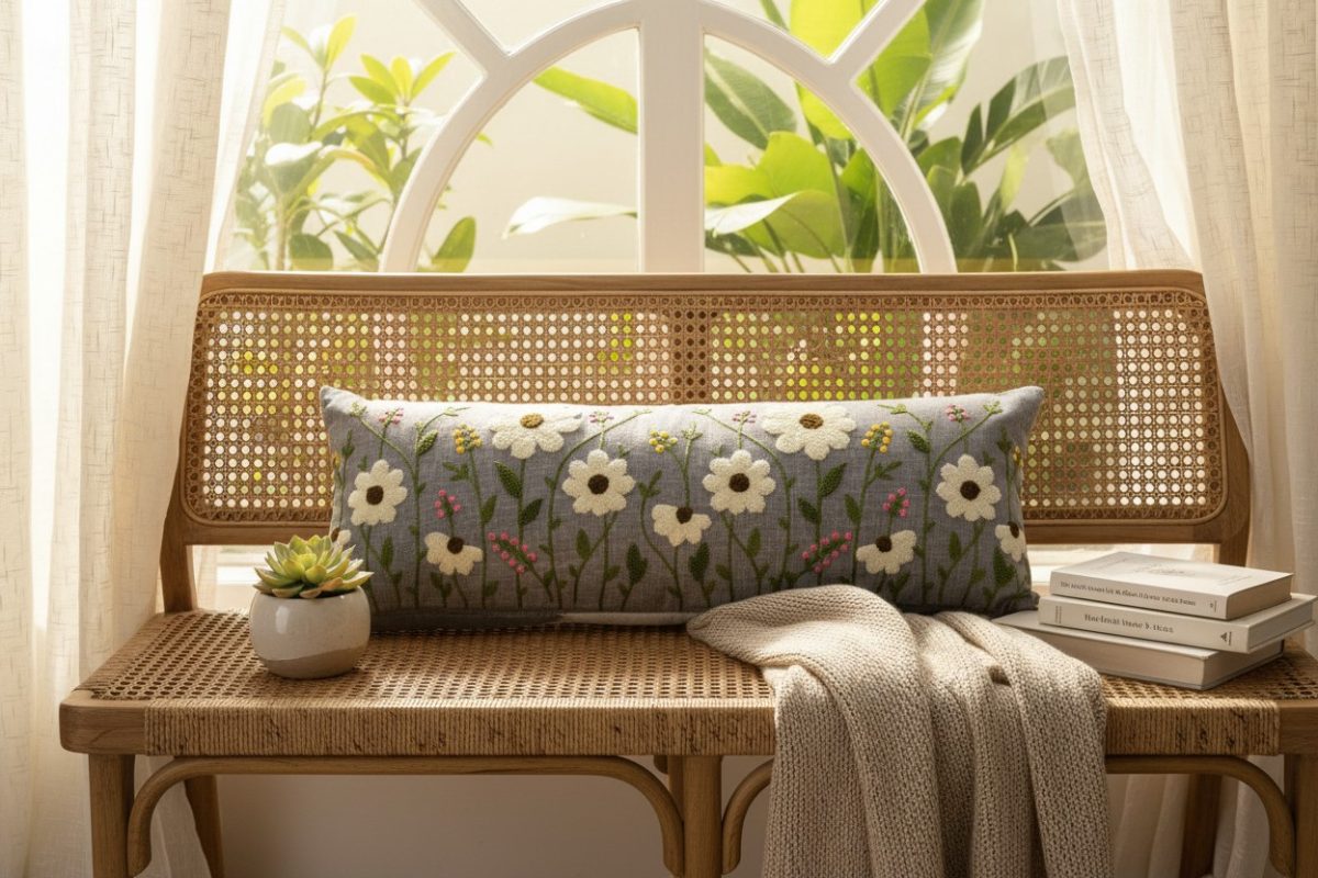 Botanical Embroidered Lumbar Cushion Cover – Grey 5