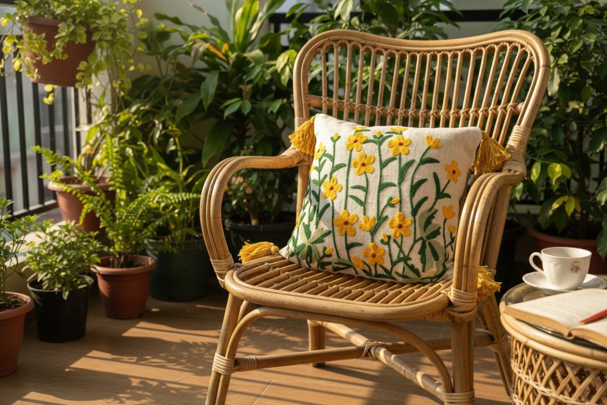 Embroidered Yellow Floral Square Cushion Cover with Tassels – Cream 5