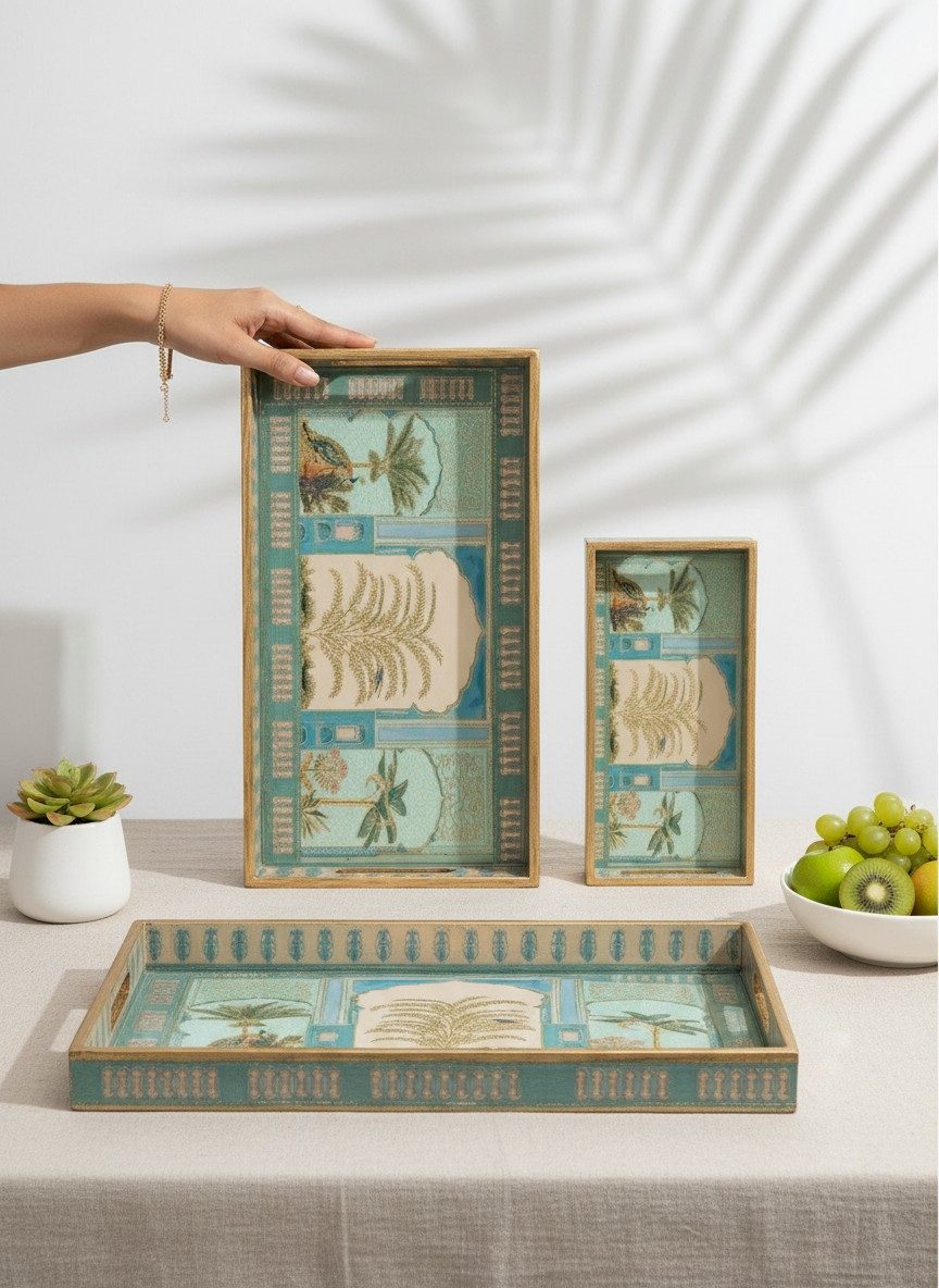 Decorative Serving Tray Set of 3 | Printed MDF Trays with Raised Bar Handles - Teal Botanical 1