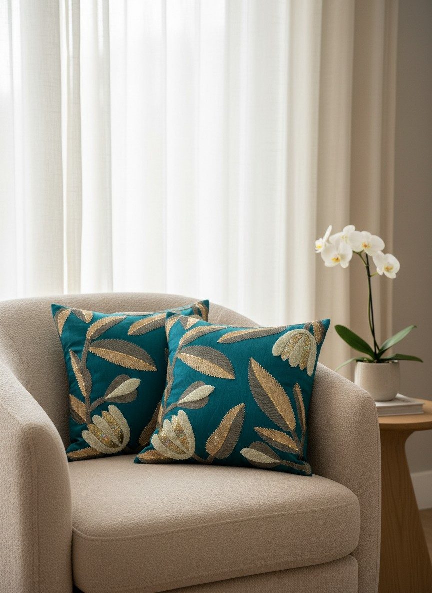 Embroidered Sequin Floral Square Cushion Cover – Teal & Gold 1