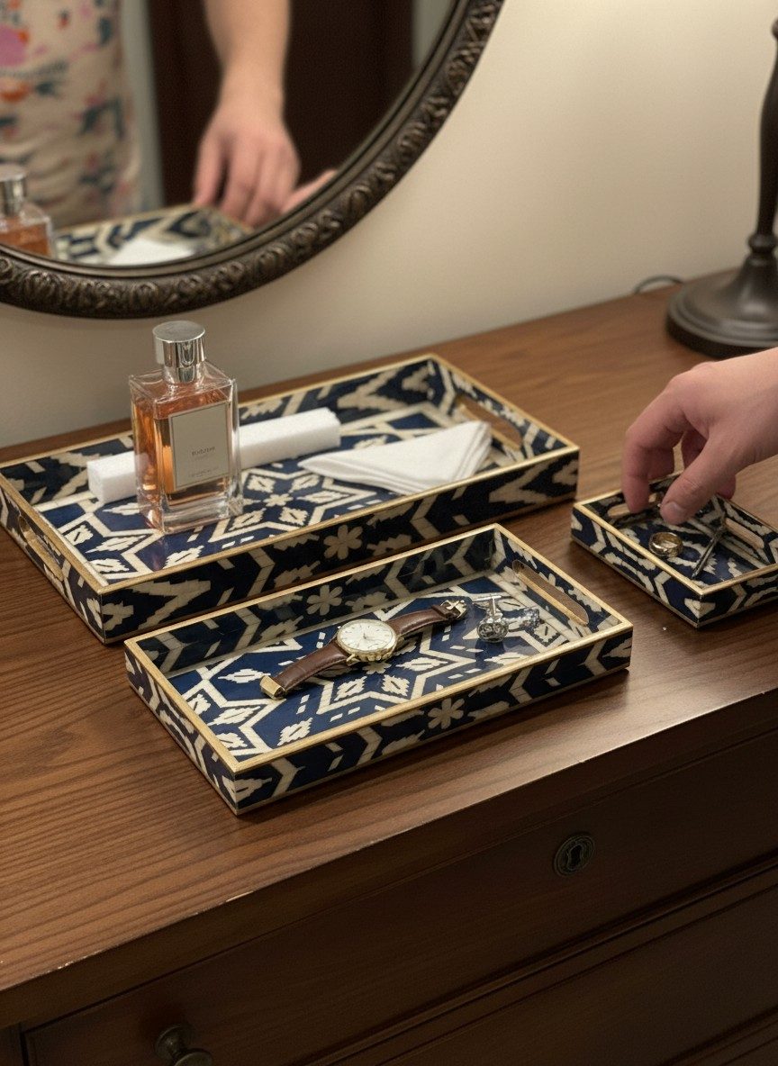 Decorative Serving Tray Set of 3 | Printed MDF Trays with Raised Bar Handles - Navy Geometric 2