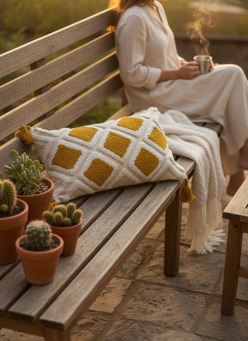 Embroidered Decorative 12X20 inch Cushion Cover with Tassels – Boho Embroidered Throw Pillow Case (1 Pc) - Mustard Tufted Diamond 4