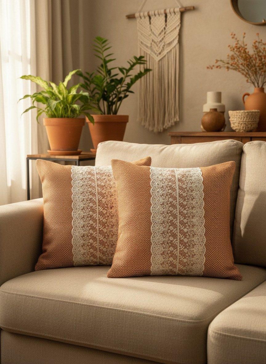 Rustic Terracotta Rust Woven Cushion Cover with White Floral Lace Panel 16x16 Inch 1