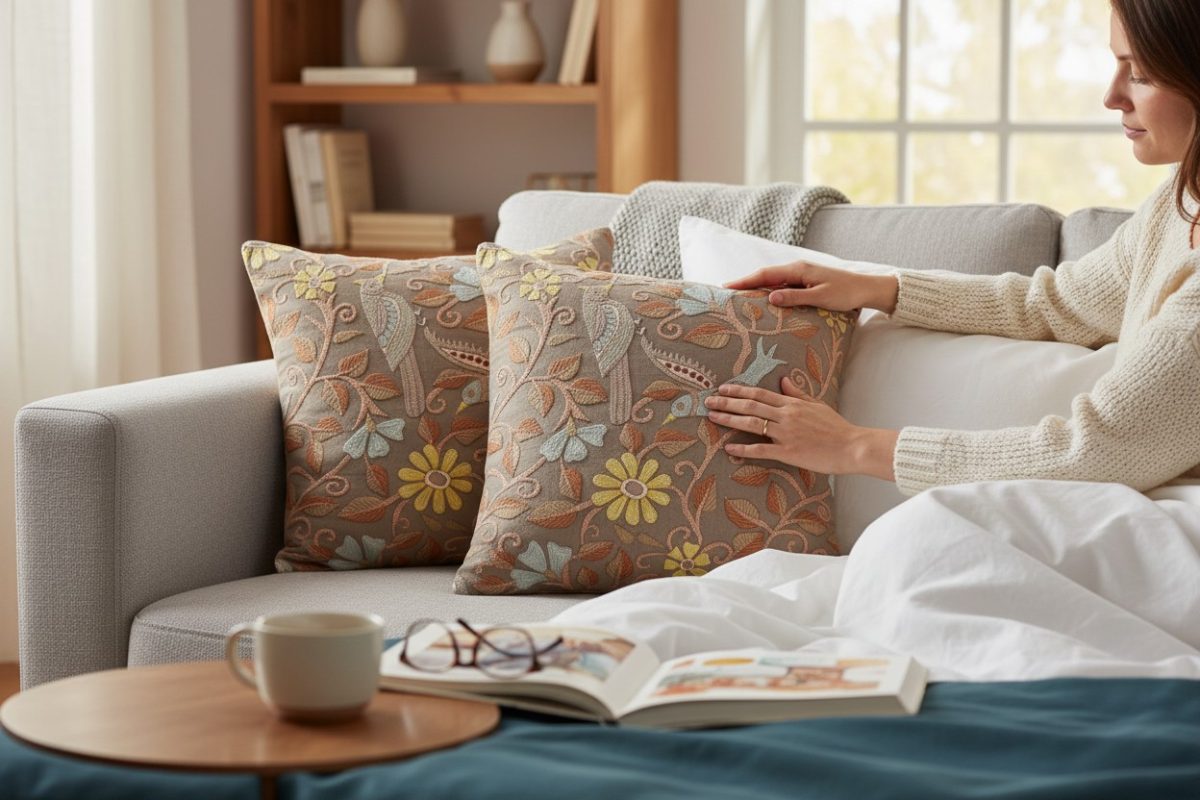 Dusty Brown Heritage Floral & Bird Printed Cushion Covers 16x16 Inch 1