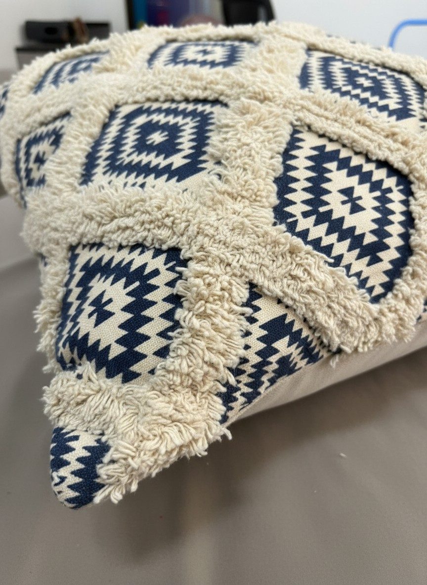 Boho Blue Kilim Aztec Diamond Print — Tufted Cushion Cover 16x16 Inch 5