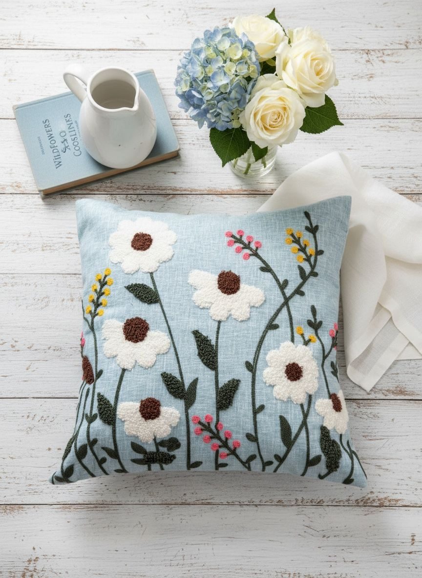 Floral Punch Needle Wildflower on Powder Blue Slub Cotton Embroidered Cushion Cover 16x16 Inch 1