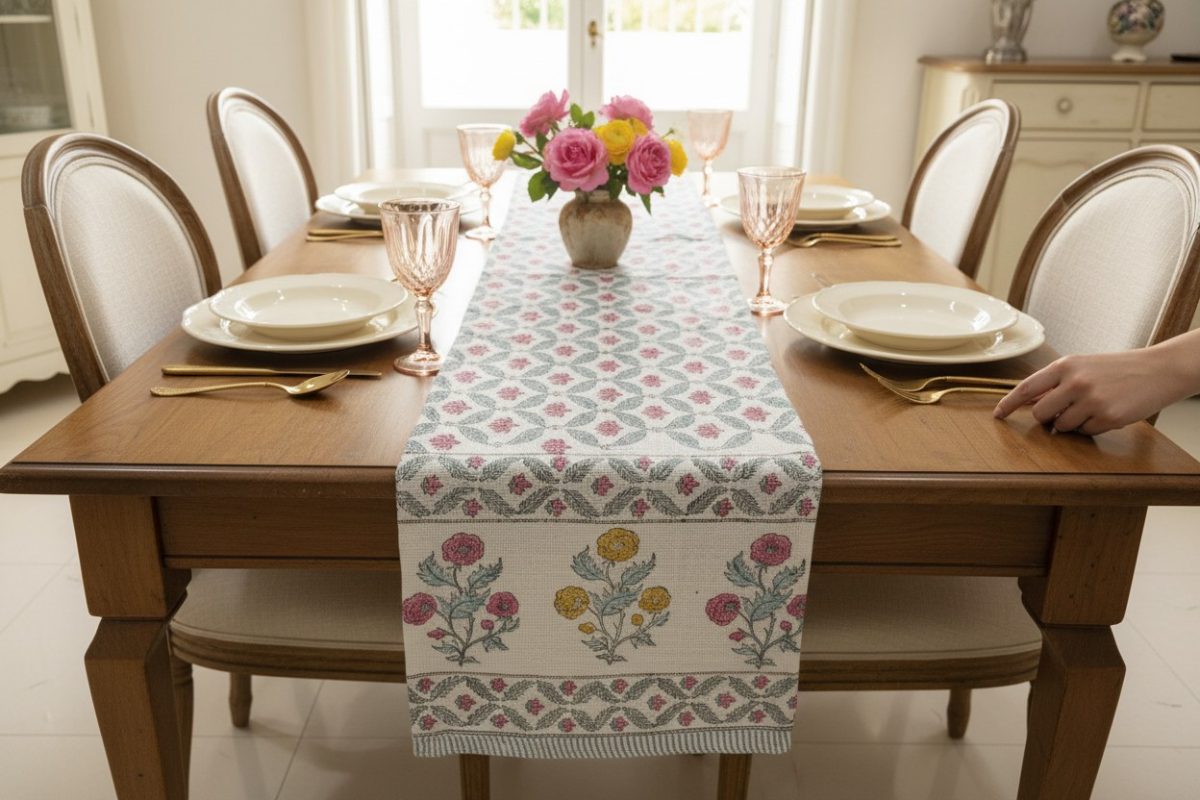 Hand Block Print Mughal Garden Jute Table Runner — Pink & Blue 1