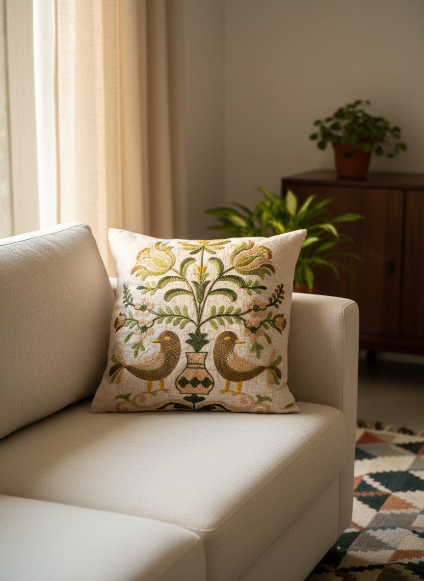 Beige Embroidered Cushion Cover — 16x16 Inches | Folk Birds & Floral Throw Pillow Cover 3