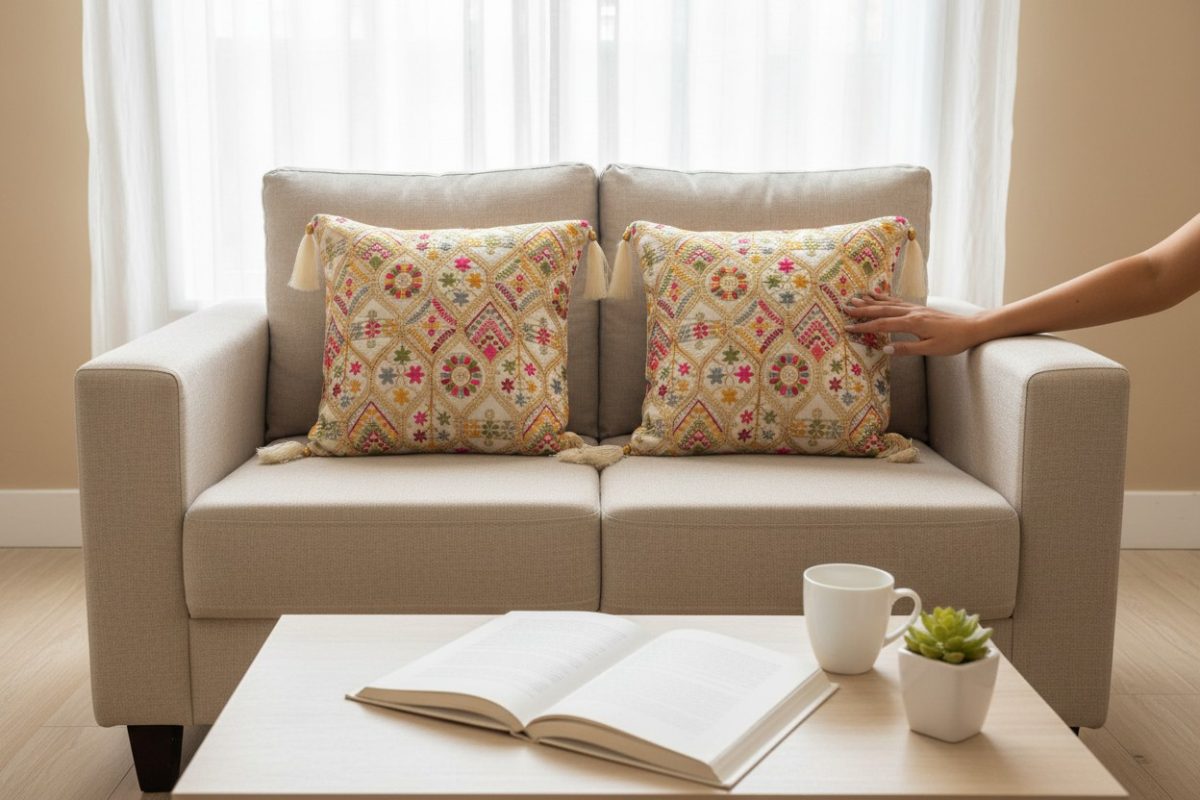 Embroidered Multicolour Square Cushion Cover with Tassels – Cream 4