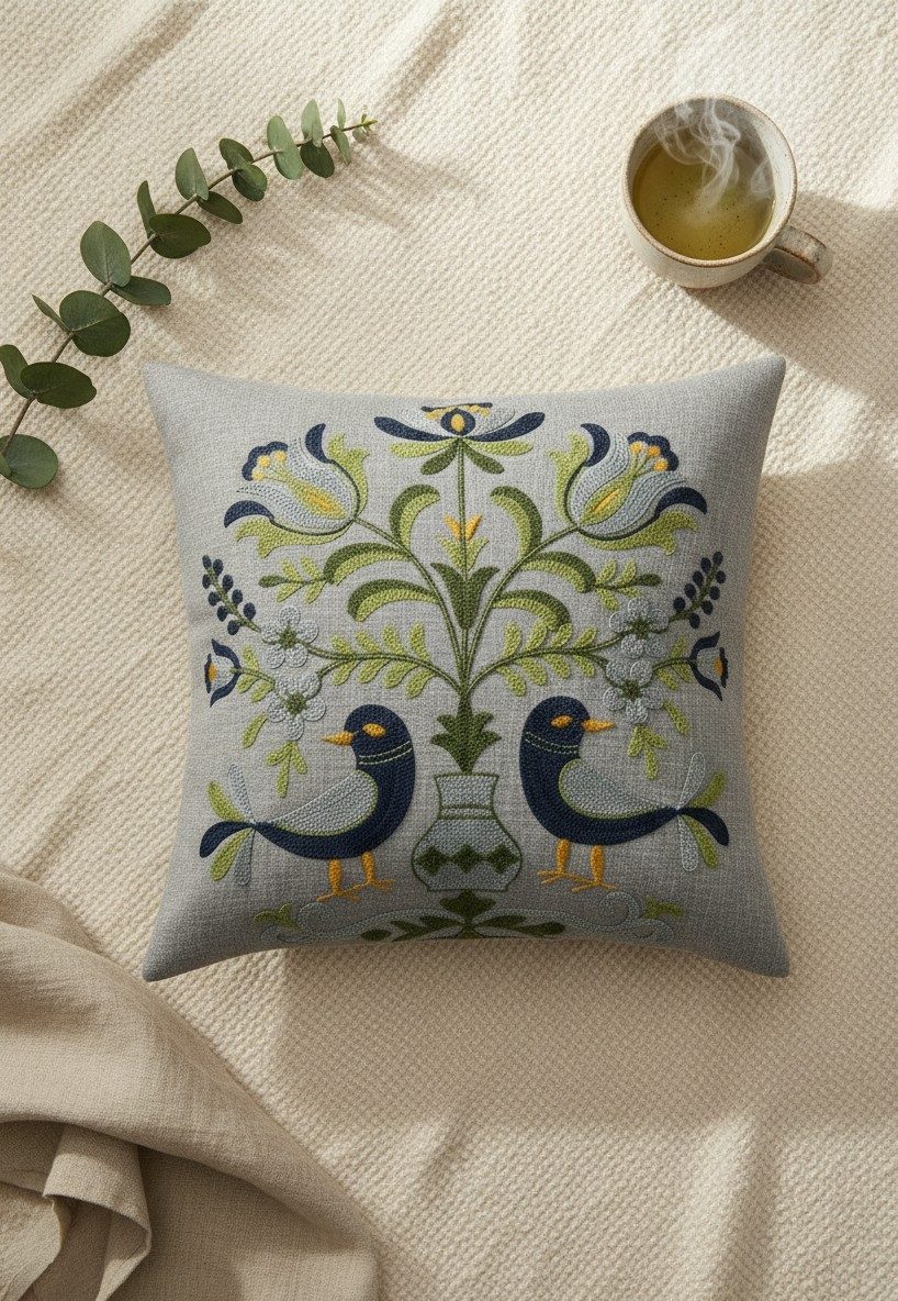 Light Grey Embroidered Cushion Cover — 16x16 Inches | Folk Birds & Floral Throw Pillow Cover 1