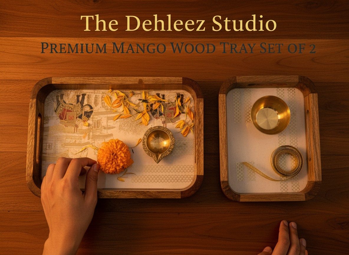 Solid Mango Wood Serving Tray Set of 2 | Lacquered Finish with Raised Bar Handles - Elephant Heritage 3
