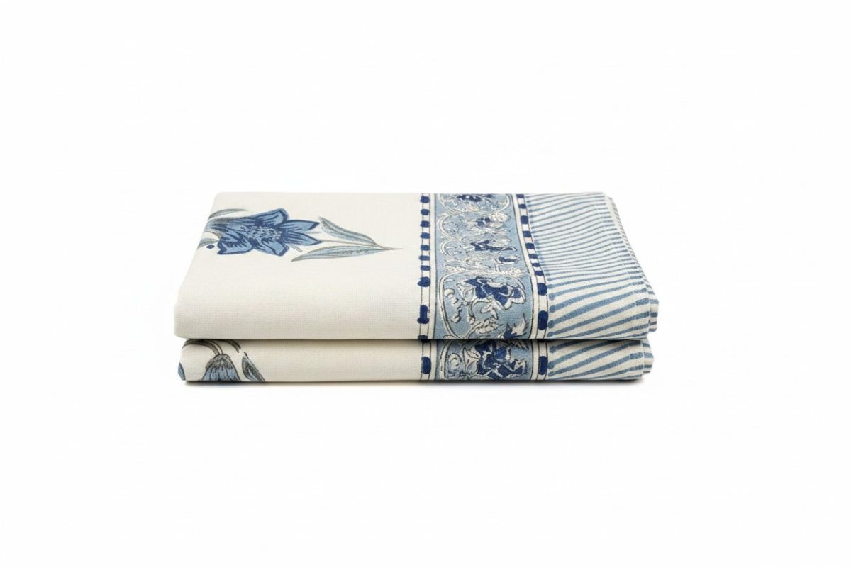 Hand Block Print Indigo Bloom Cotton Table Runner — Blue & Ivory 3