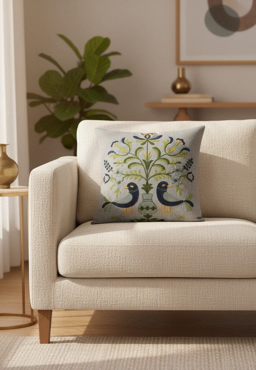 Light Grey Embroidered Cushion Cover — 16x16 Inches | Folk Birds & Floral Throw Pillow Cover 2