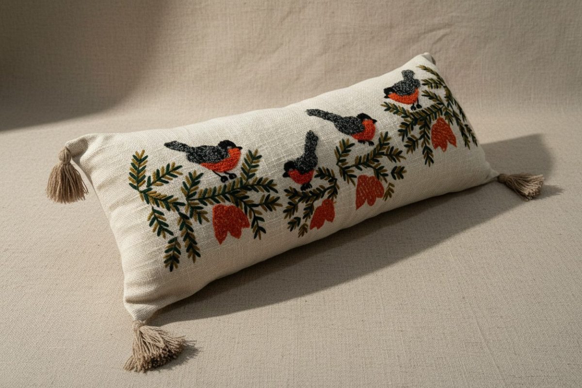 Embroidered Robin & Pine Lumbar Cushion Cover with Tassels – Multi Corns 4
