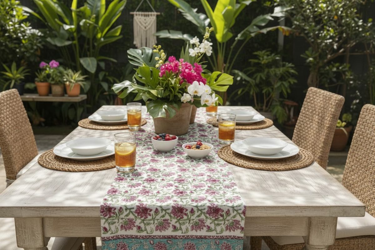 Hand Block Print Floral Motifs Jute Table Runner — Magenta & Teal 3