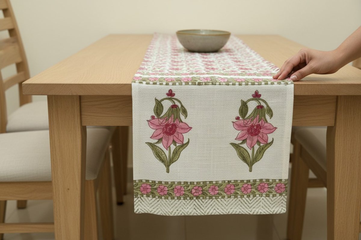 Hand Block Print Lotus Bloom Cotton Table Runner — Pink & Olive 2