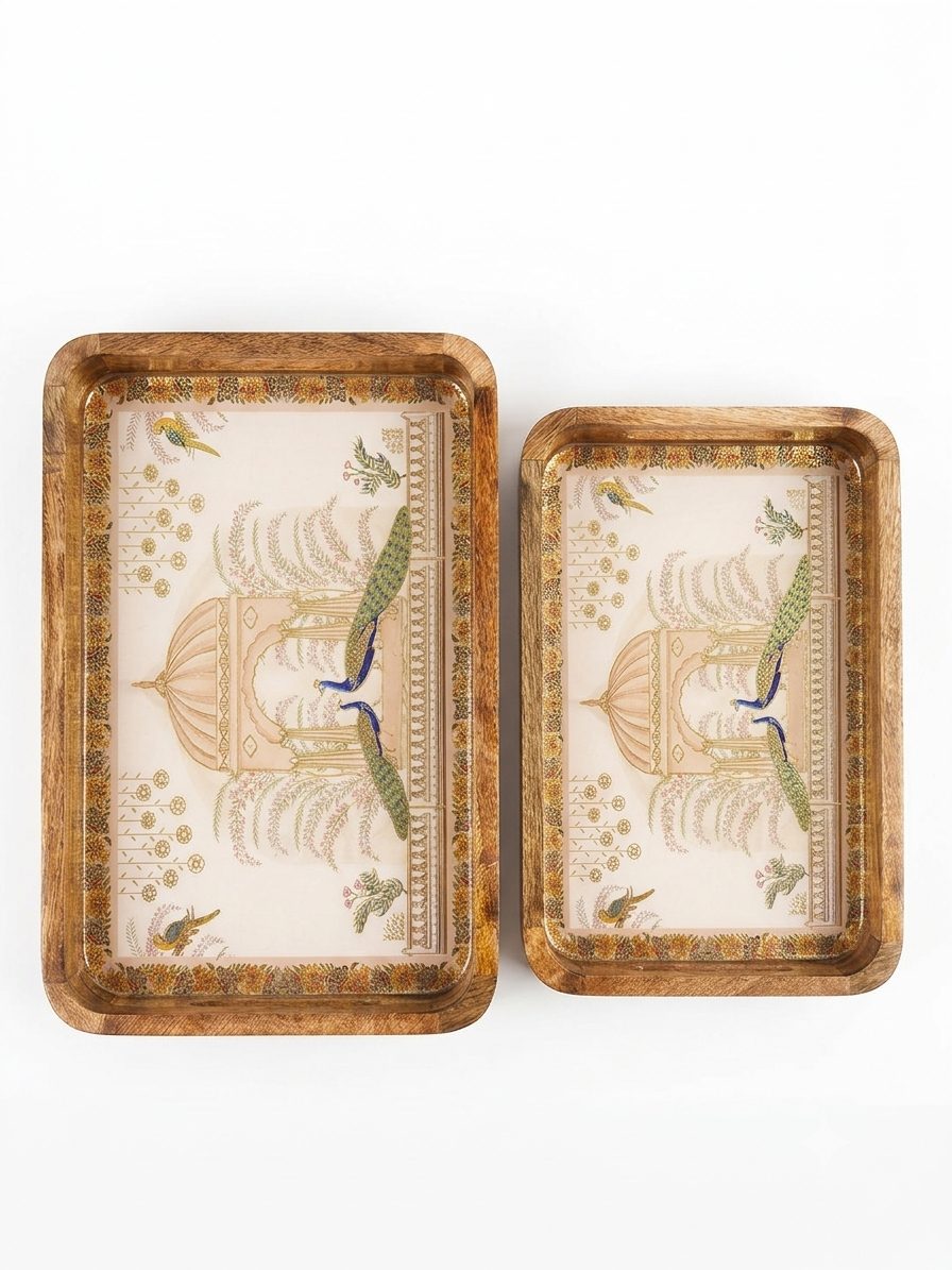 Solid Mango Wood Serving Tray Set of 2 | Lacquered Finish with Raised Bar Handles - Peacock Pavilion 1