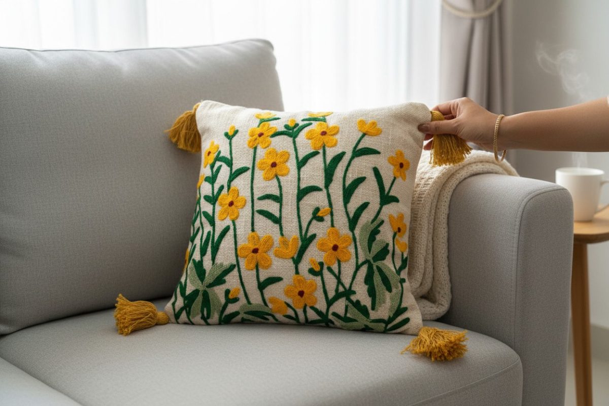 Embroidered Yellow Floral Square Cushion Cover with Tassels – Cream 2
