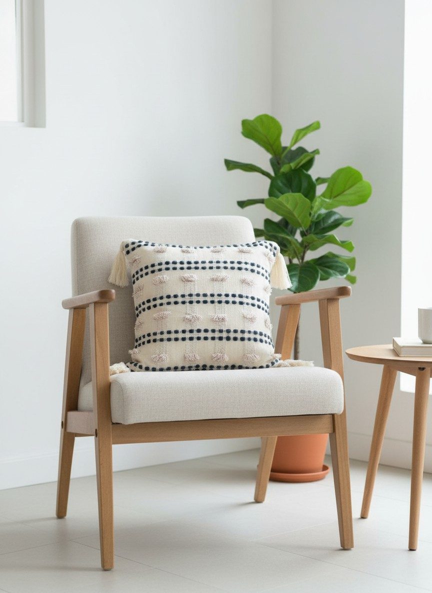 Ivory & Charcoal Tufted Cushion Cover 16x16 Inch — Boho Cotton Throw Pillow Cover with Corner Tassels 3
