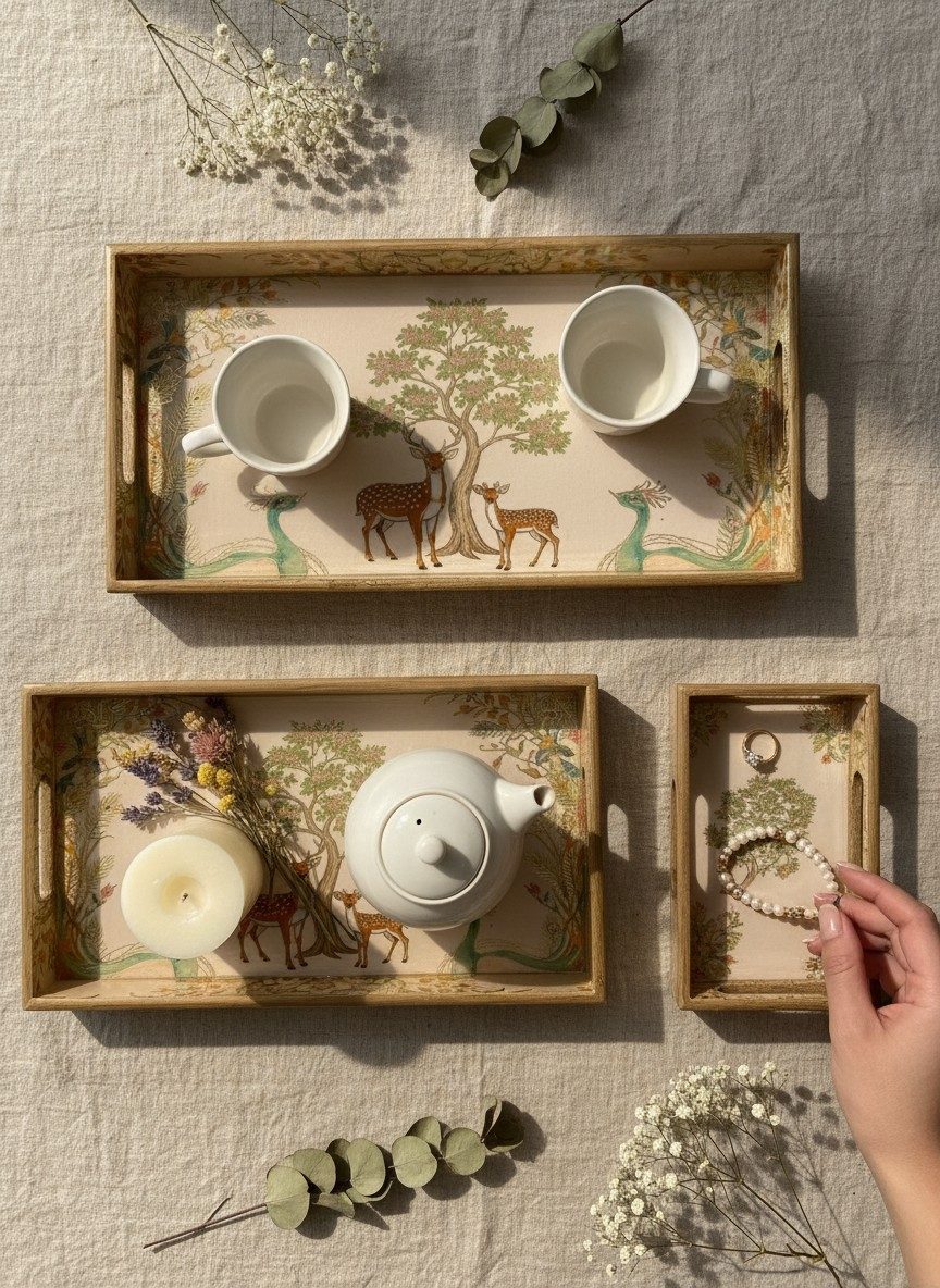Decorative Serving Tray Set of 3 | Printed MDF Trays with Raised Bar Handles - Ivory Forest Scene 4