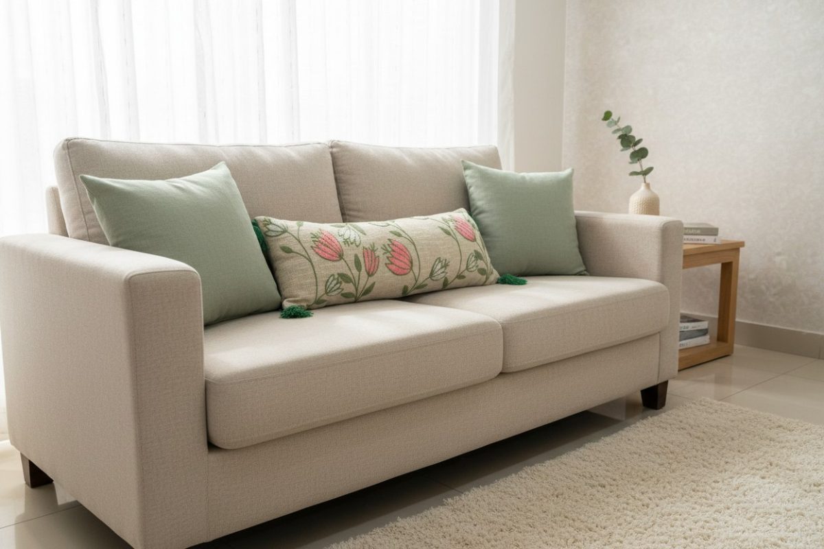 Embroidered Tulip Lumbar Cushion Cover with Tassels – Natural 3