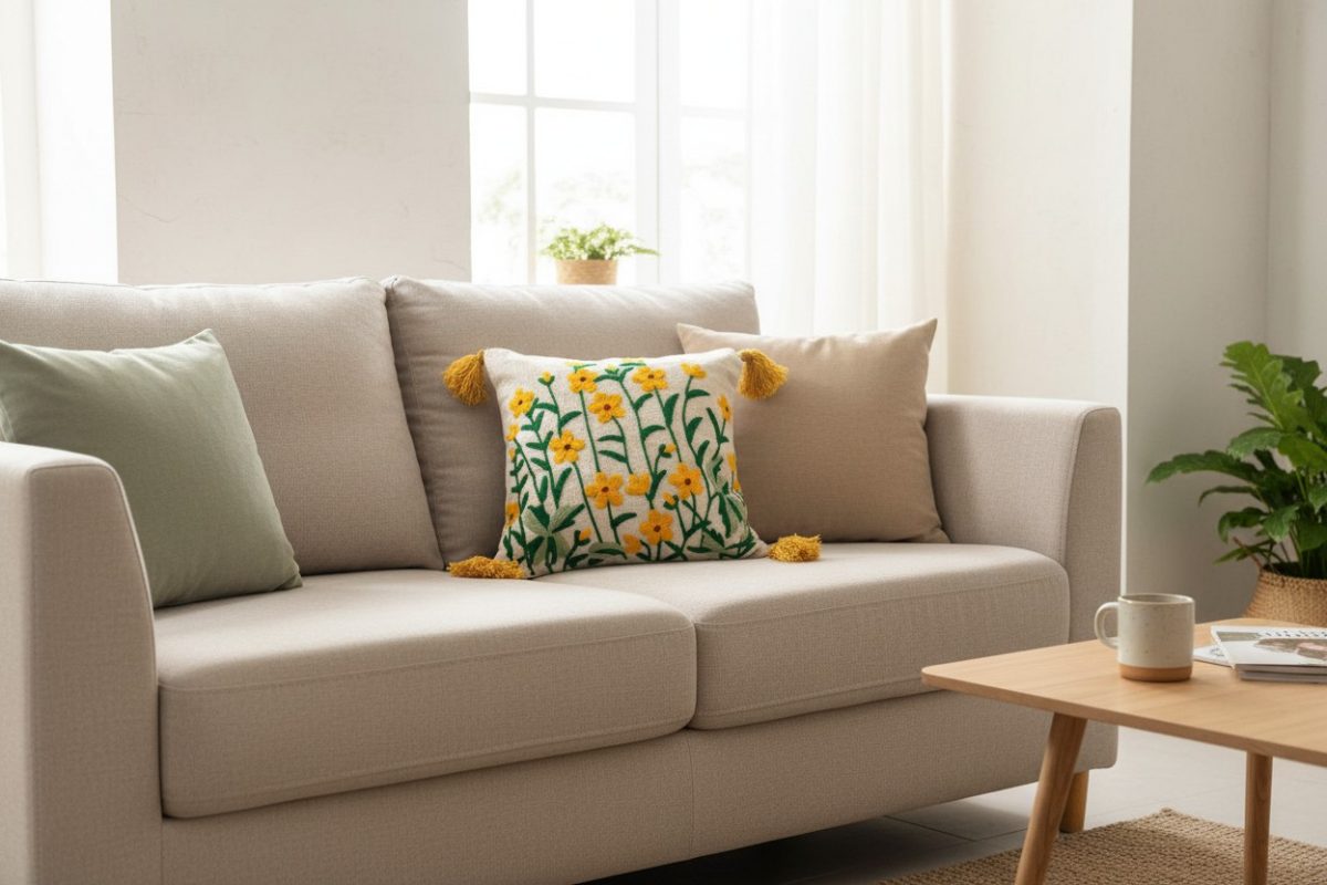 Embroidered Yellow Floral Square Cushion Cover with Tassels – Cream 4