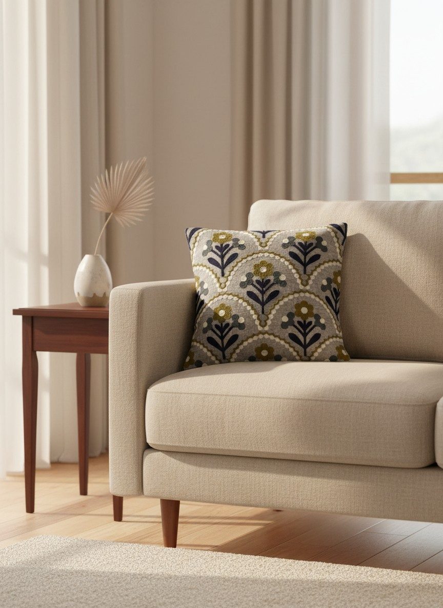 Grey Embroidered Cushion Cover — 16x16 Inches | Floral Throw Pillow Cover 5
