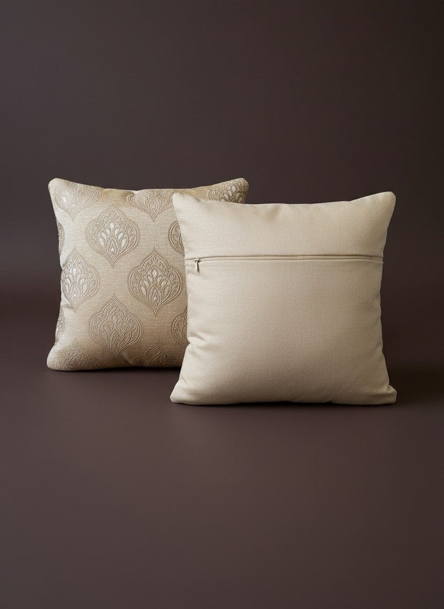 Jacquard Cushion Covers 16x16 Inch — Champagne Gold Mughal Ogee Damask Motif 5