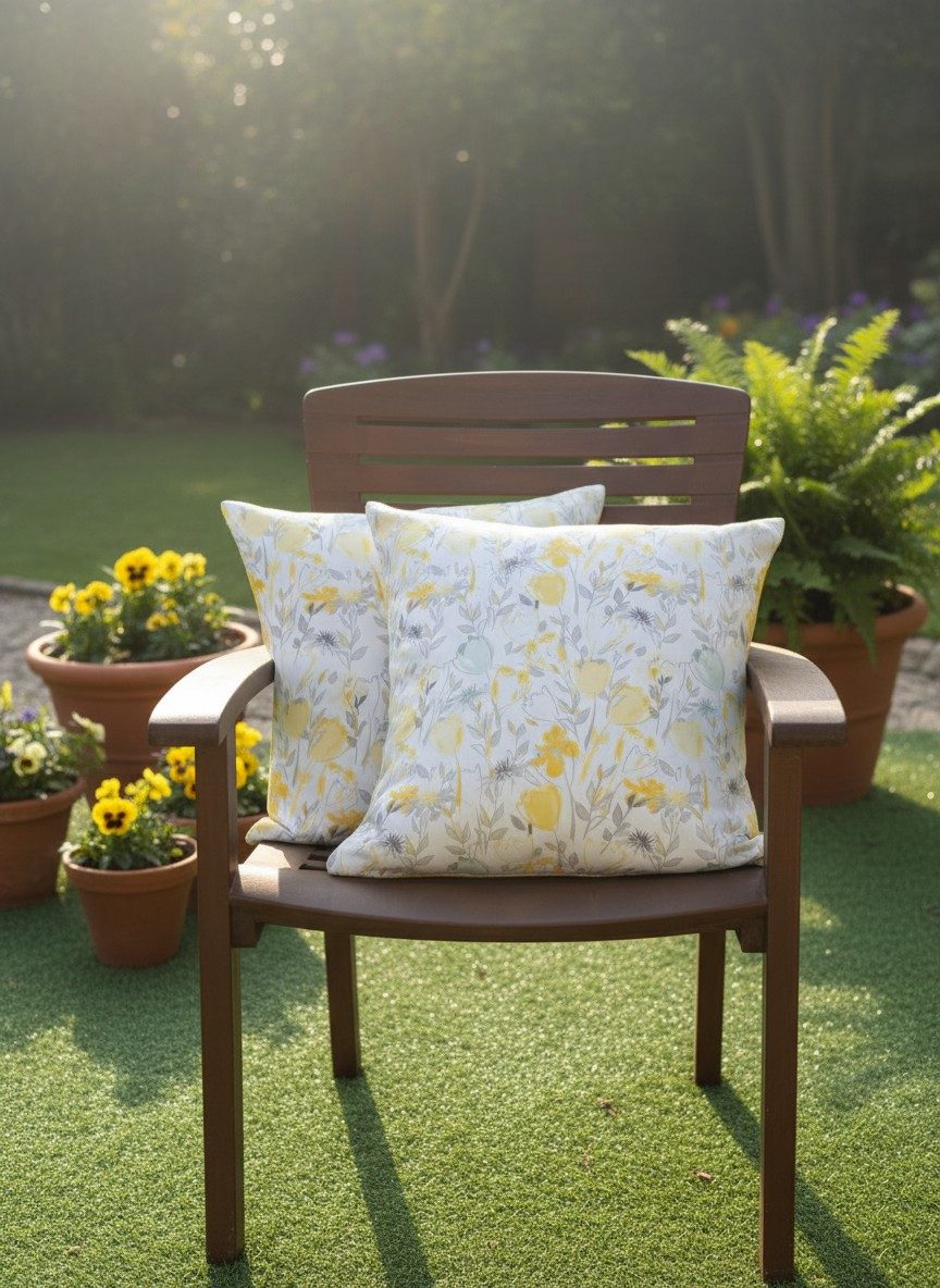Watercolour Floral Square Cushion Cover – Yellow & Grey (Set of 2) 3