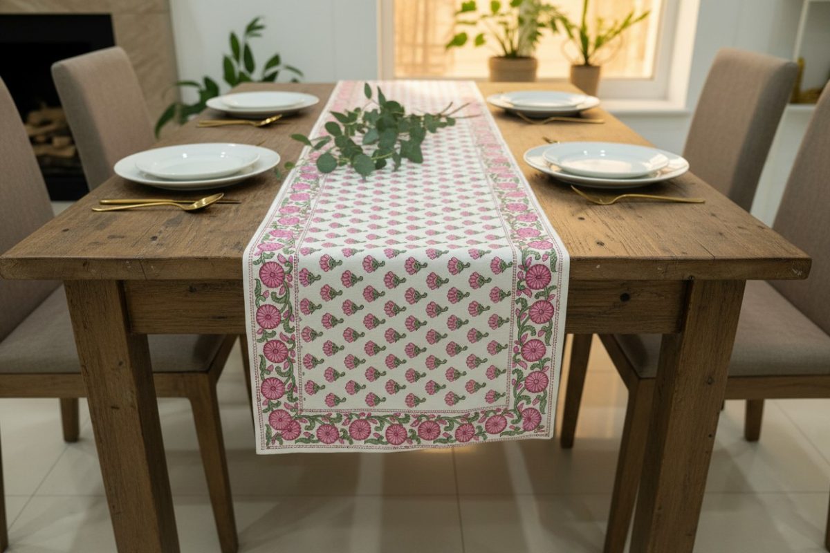 Hand Block Print Pink Buti Cotton Table Runner — Rose & Sage 1