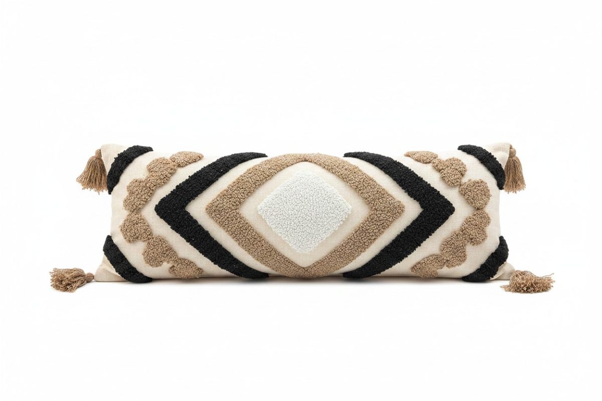 Tufted Geometric Lumbar Cushion Cover with Tassels – Beige & Black 2