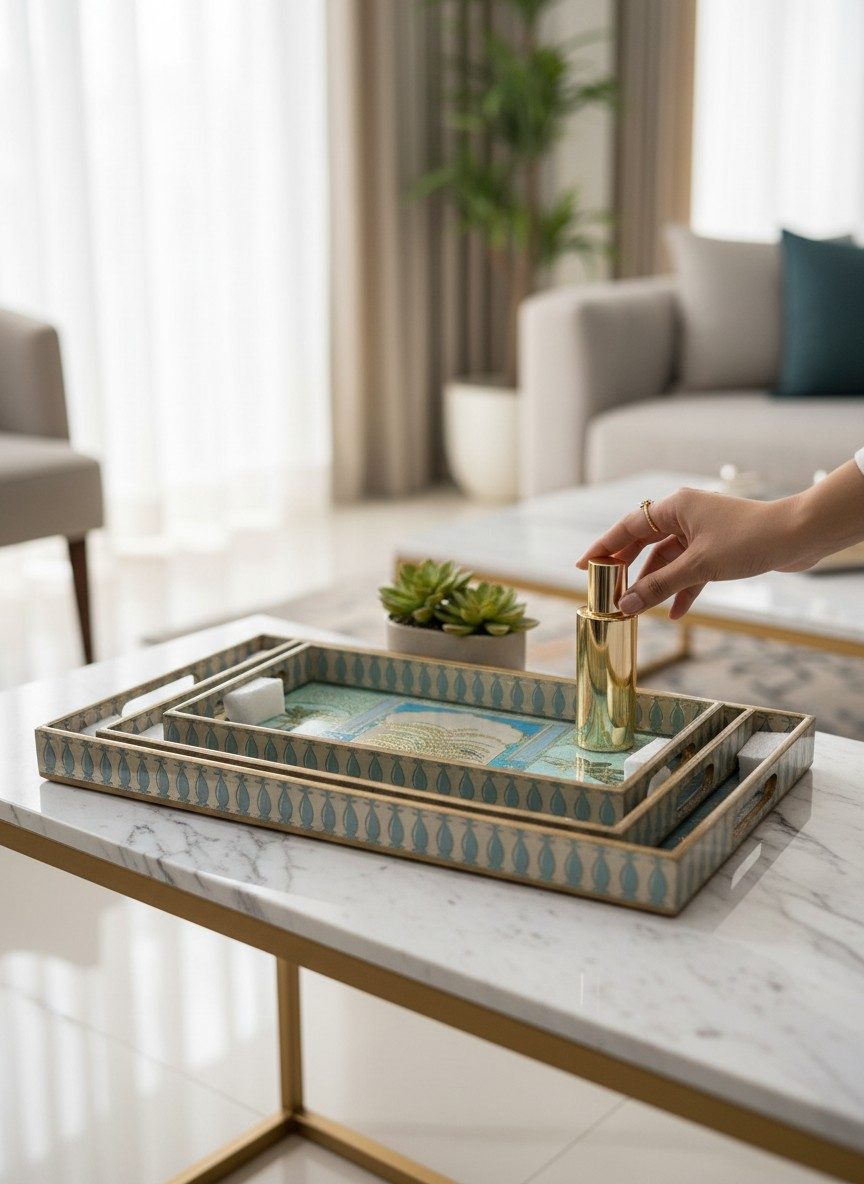 Decorative Serving Tray Set of 3 | Printed MDF Trays with Raised Bar Handles - Teal Botanical 2
