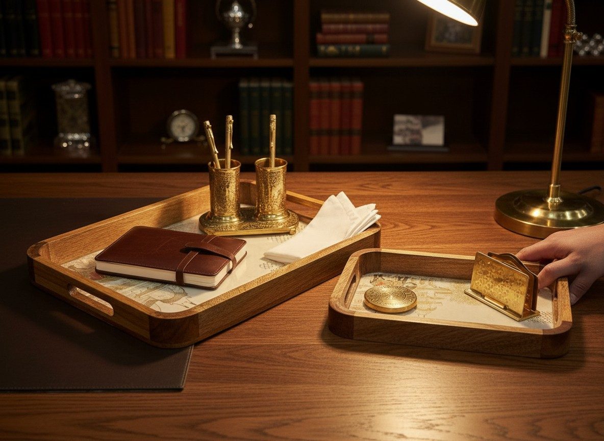 Solid Mango Wood Serving Tray Set of 2 | Lacquered Finish with Raised Bar Handles - Elephant Heritage 2