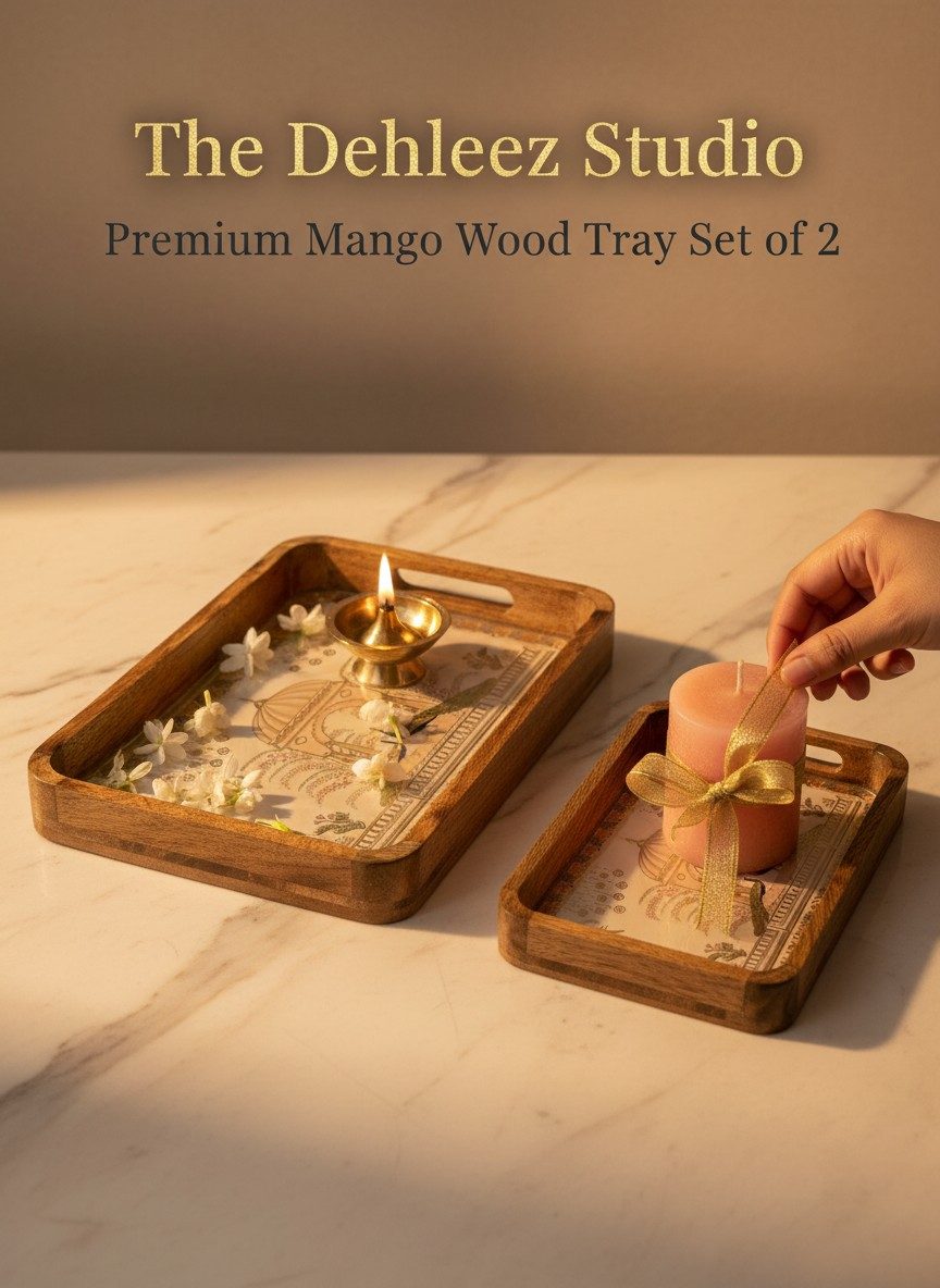Solid Mango Wood Serving Tray Set of 2 | Lacquered Finish with Raised Bar Handles - Peacock Pavilion 2