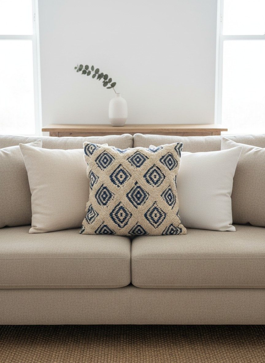 Boho Blue Kilim Aztec Diamond Print — Tufted Cushion Cover 16x16 Inch 2