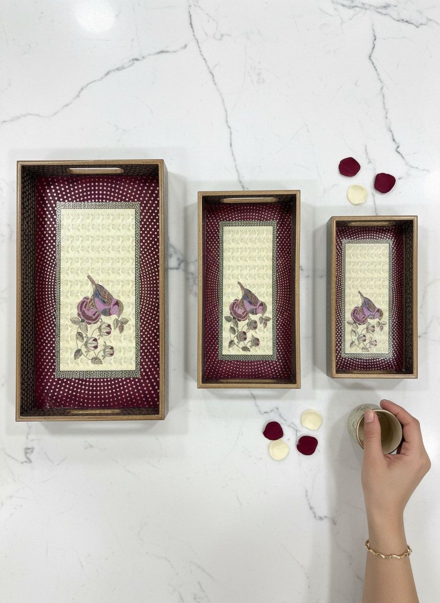 Decorative Serving Tray Set of 3 | Printed MDF Trays with Raised Bar Handles - Burgundy Floral Bird 1