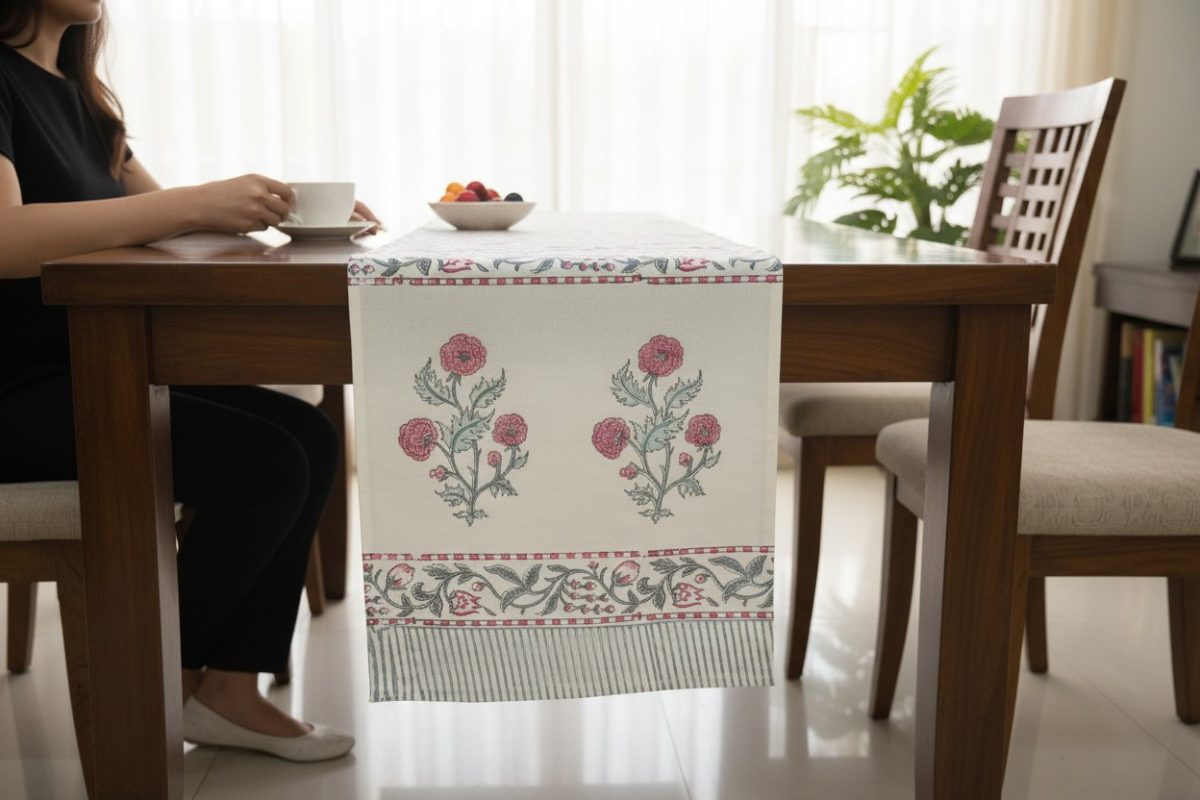 Hand Block Print Rose Vine Cotton Table Runner — Pink & Sage 2