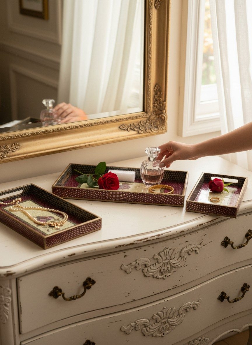 Decorative Serving Tray Set of 3 | Printed MDF Trays with Raised Bar Handles - Burgundy Floral Bird 2