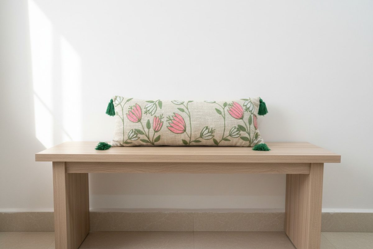 Embroidered Tulip Lumbar Cushion Cover with Tassels – Natural 1