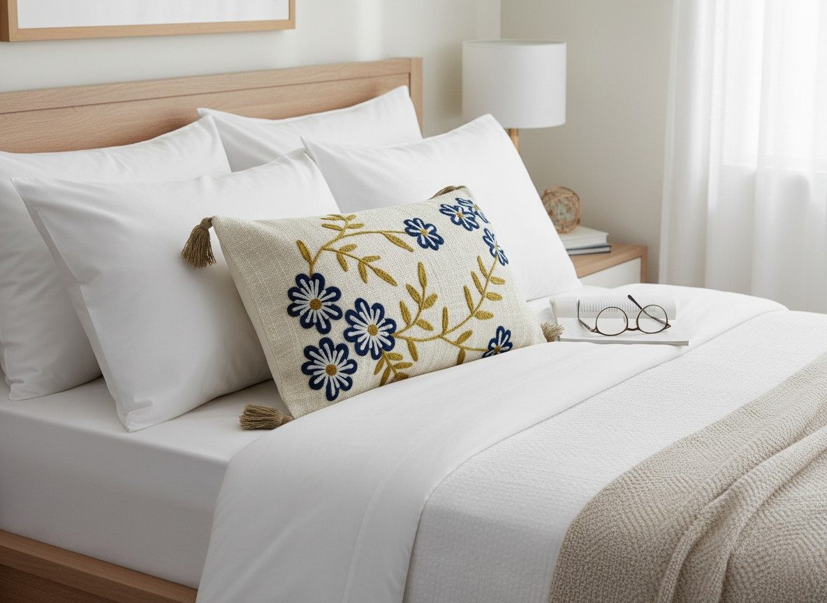 Embroidered Decorative 12X20 inch Cushion Cover with Tassels – Boho Embroidered Throw Pillow Case (1 Pc) - Navy Floral 5
