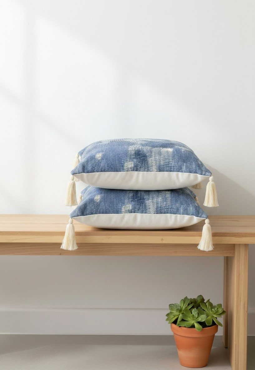 Tie-Dye Textured Square Cushion Cover with Tassels – Blue & Cream 2
