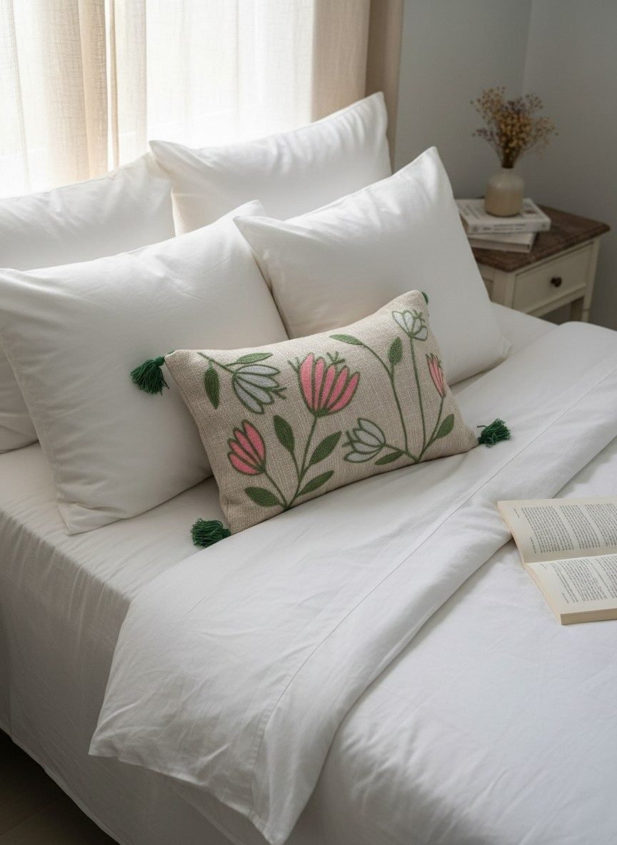 Embroidered Decorative 12X20 inch Cushion Cover with Tassels – Boho Embroidered Throw Pillow Case (1 Pc) - Pink Tulips 3